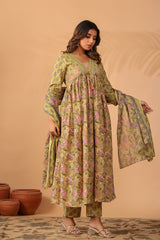 Noorvani Olive Garden Printed Cotton Suit Set With Cotton Dupatta