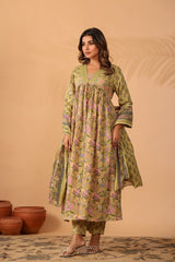 Noorvani Olive Garden Printed Cotton Suit Set With Cotton Dupatta