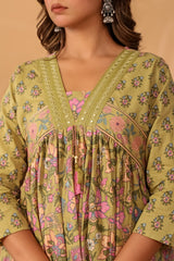 Noorvani Olive Garden Printed Cotton Suit Set With Cotton Dupatta
