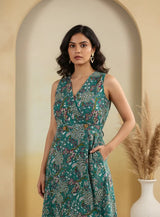 • Vrinda Teal Bloom V-Neck Printed Sleeveless Dress