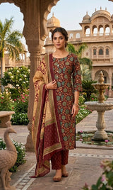 Gulrez Rajsi Vatika Maroon Cotton Suit Set With Cotton Dupatta