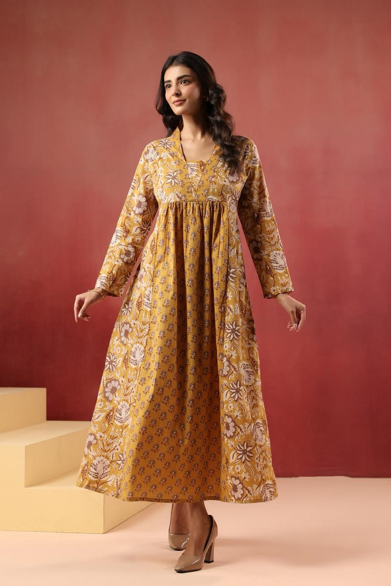 Sunehri Vibes Mustard Floral Cotton Long Kurta