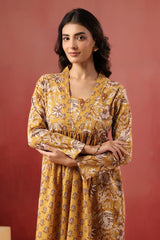 Sunehri Vibes Mustard Floral Cotton Long Kurta