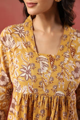 Sunehri Vibes Mustard Floral Cotton Long Kurta