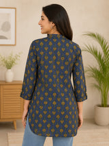 Elara Blue Meadow Cotton Short Kurti