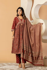 Afiya Maroon Blossom Anarkali Cotton Suit Set with Cotton Dupatta