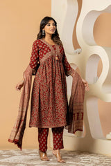 Afiya Maroon Blossom Anarkali Cotton Suit Set with Cotton Dupatta