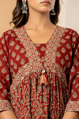 Afiya Maroon Blossom Anarkali Cotton Suit Set with Cotton Dupatta