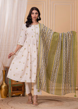 Zaynah Ivory Embroidered Cotton Suit Set With Soft kota Doria Dupatta