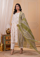 Zaynah Ivory Embroidered Cotton Suit Set With Soft kota Doria Dupatta