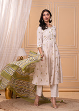 Zaynah Ivory Embroidered Cotton Suit Set With Soft kota Doria Dupatta