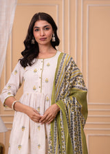 Zaynah Ivory Embroidered Cotton Suit Set With Soft kota Doria Dupatta