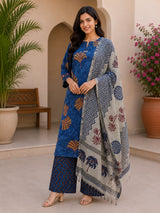 Neelisha Royal Blue Leaf Printed Kurta Palazzo Set with Printed Dupatta