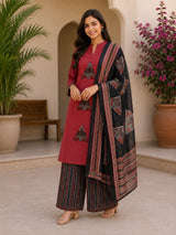 Zariya Maroon Geometric Print Kurta Palazzo Set with Dupatta