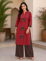 Zariya Maroon Geometric Print Kurta Palazzo Set with Dupatta