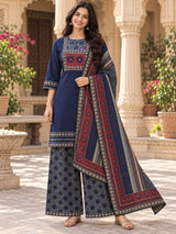Zareen Navy Blue Heritage Printed Kurta Palazzo Set with Dupatta