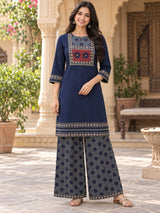 Zareen Navy Blue Heritage Printed Kurta Palazzo Set with Dupatta