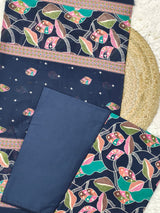 Navya Midnight Blue Leaf Printed Cotton Suit Set With Cotton Dupatta