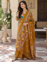 Zariya Mustard Floral Angrakha Cotton Suit Set with Cotton Dupatta