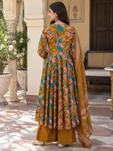 Zariya Mustard Floral Angrakha Cotton Suit Set with Cotton Dupatta