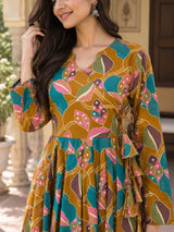 Zariya Mustard Floral Angrakha Cotton Suit Set with Cotton Dupatta