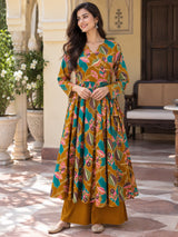 Zariya Mustard Floral Angrakha Cotton Suit Set with Cotton Dupatta