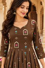 Aarizah Mocha Brown Floral Printed Anarkali Suit Set with Cotton Dupatta