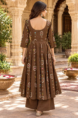 Aarizah Mocha Brown Floral Printed Anarkali Suit Set with Cotton Dupatta