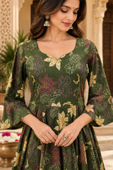 Zarika Olive Green Floral Printed Anarkali Suit Set with Dupatta