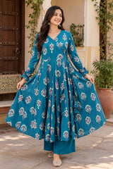 Neelika Teal Printed Angrakha Cotton Suit Set with Cotton Dupatta