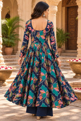 Gulzaar Midnight Blue Floral Anarkali Cotton Suit Set with Cotton Dupatta