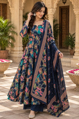 Gulzaar Midnight Blue Floral Anarkali Cotton Suit Set with Cotton Dupatta