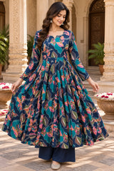 Gulzaar Midnight Blue Floral Anarkali Cotton Suit Set with Cotton Dupatta