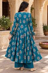 Neelika Teal Printed Angrakha Cotton Suit Set with Cotton Dupatta