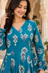 Neelika Teal Printed Angrakha Cotton Suit Set with Cotton Dupatta