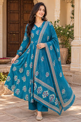 Neelika Teal Printed Angrakha Cotton Suit Set with Cotton Dupatta