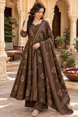 Aarizah Mocha Brown Floral Printed Anarkali Suit Set with Cotton Dupatta