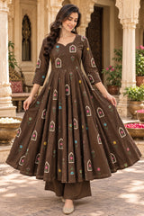 Aarizah Mocha Brown Floral Printed Anarkali Suit Set with Cotton Dupatta