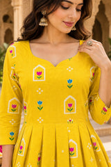 Aaradhya Sunshine Yellow Floral Printed Anarkali Suit Set with Dupatta