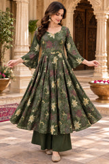 Zarika Olive Green Floral Printed Anarkali Suit Set with Dupatta