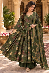 Zarika Olive Green Floral Printed Anarkali Suit Set with Dupatta