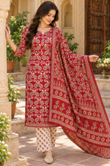 Aarohi Crimson Straight Style Cotton Suit Set With Cotton Dupatta