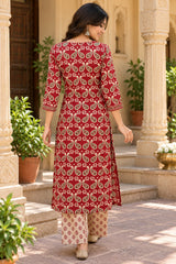 Aarohi Crimson Straight Style Cotton Suit Set With Cotton Dupatta