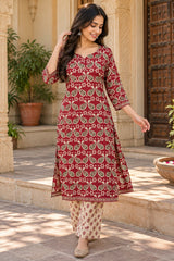 Aarohi Crimson Straight Style Cotton Suit Set With Cotton Dupatta