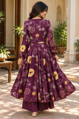 Jivika Plum Printed Angrakha Cotton Suit Set with Cotton Dupatta