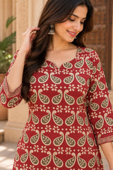 Aarohi Crimson Straight Style Cotton Suit Set With Cotton Dupatta