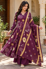 Jivika Plum Printed Angrakha Cotton Suit Set with Cotton Dupatta