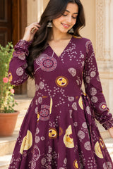 Jivika Plum Printed Angrakha Cotton Suit Set with Cotton Dupatta