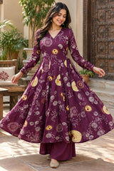 Jivika Plum Printed Angrakha Cotton Suit Set with Cotton Dupatta