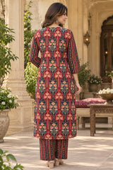 Inaya Wine Floral Printed Straight Cotton Suit Set with Cotton Dupatta